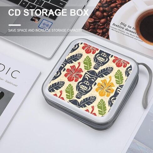 Aloha Tiki Pattern CD Case 40 Capacity Hard Plastic DVD Case Portable Zipper CD Cases Holder Large Storage Disc Wallet Bag DVD Disc Cases Storage Binder Home Travel in Kuwait