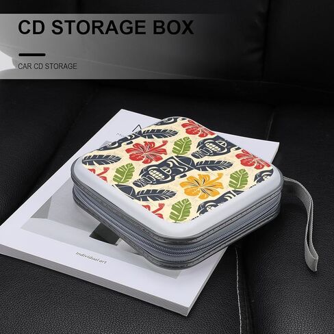 Aloha Tiki Pattern CD Case 40 Capacity Hard Plastic DVD Case Portable Zipper CD Cases Holder Large Storage Disc Wallet Bag DVD Disc Cases Storage Binder Home Travel in Kuwait