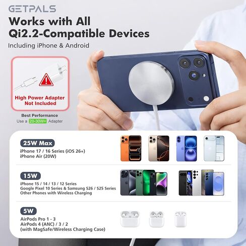 شاحن لاسلكي مغناطيسي 25 وات Qi2.2: لوحة شحن مسطحة Qi لهاتف iPhone 17 16 15 14 13 12 Pro Max، Samsung Galaxy S26 S25، Google Pixel، AirPods-Slim محمولة للسفر والمكتب بجانب السرير (أبيض، عبوتان) in Kuwait