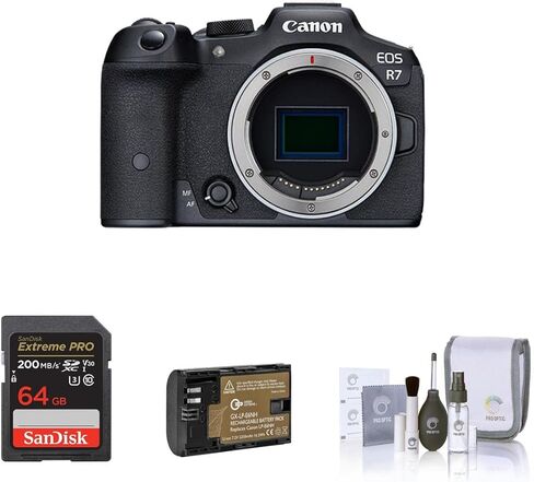 هيكل كاميرا Canon EOS R7 بدون مرآة، مستشعر APS-C CMOS بدقة 32.5 ميجابكسل، فيديو 4K60، Dual Pixel CMOS AF II، IBIS، Wi-Fi/Bluetooth، حزمة مع بطاقة 64 جيجابايت، طقم فلتر، بطارية إضافية، ضمان لمدة عام in Kuwait