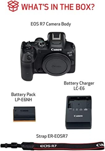 هيكل كاميرا Canon EOS R7 بدون مرآة، مستشعر APS-C CMOS بدقة 32.5 ميجابكسل، فيديو 4K60، Dual Pixel CMOS AF II، IBIS، Wi-Fi/Bluetooth، حزمة مع بطاقة 64 جيجابايت، طقم فلتر، بطارية إضافية، ضمان لمدة عام in Kuwait