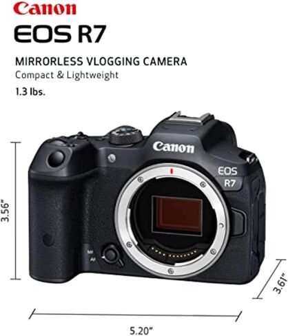 هيكل كاميرا Canon EOS R7 بدون مرآة، مستشعر APS-C CMOS بدقة 32.5 ميجابكسل، فيديو 4K60، Dual Pixel CMOS AF II، IBIS، Wi-Fi/Bluetooth، حزمة مع بطاقة 64 جيجابايت، طقم فلتر، بطارية إضافية، ضمان لمدة عام in Kuwait