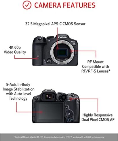 هيكل كاميرا Canon EOS R7 بدون مرآة، مستشعر APS-C CMOS بدقة 32.5 ميجابكسل، فيديو 4K60، Dual Pixel CMOS AF II، IBIS، Wi-Fi/Bluetooth، حزمة مع بطاقة 64 جيجابايت، طقم فلتر، بطارية إضافية، ضمان لمدة عام in Kuwait