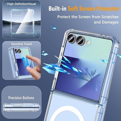 for Galaxy Z Flip 7 Magnetic Case,Samsung Flip 7 Clear Phone Case Built-in Soft Screen Protector & Fit for MagSafe,Slim Hard PC Silicone Bumper Shockproof Protective Cover for Samsung Galaxy Z Flip 7 in Kuwait