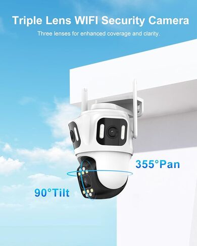 كاميرا أمان خارجية لاسلكية بثلاث عدسات بدقة 9 ميجابكسل، دوران/إمالة 360 درجة، واي فاي 2.4 جيجا هرتز، تتبع تلقائي بالذكاء الاصطناعي، لا توجد نقطة عمياء، تسجيل 24/7، رؤية ليلية، ضوء كشاف، صوت ثنائي الاتجاه، IP66، للمراقبة المنزلية in Kuwait