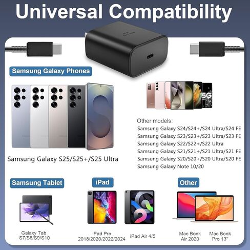 شاحن فائق السرعة 45 وات من النوع C، Samsung Galaxy A37/A57/S26/S26 Plus/S26 Ultra/S25 FE/S25/S25+/S25 Ultra مع سلك شحن 6.6FT من النوع C شاحن عالي السرعة لهاتف Galaxy S26/S25/26+/S26 Ultra in Kuwait