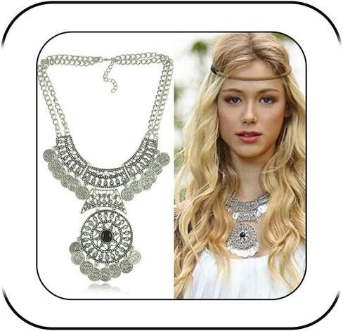 Ymqewq Kenfery Bohemian Engraved Coin Tassel Necklace Retro Gothic Black Gemstone Carving Geometric Necklace Boho Statement Necklace Jewelry for Women (Retro Silver) in Saudi Arabia