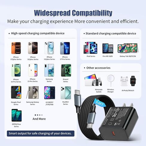 for iPhone 17 16 15 Charger/6.6FT Type C to C Cable Cord Long, Black 25W USB C Fast Charging Block Plug for A-pple iPhone 17 Pro Max/17 Air/16 Pro/16/15 Plus/15/iPad Min Charger Power Adapter in Kuwait