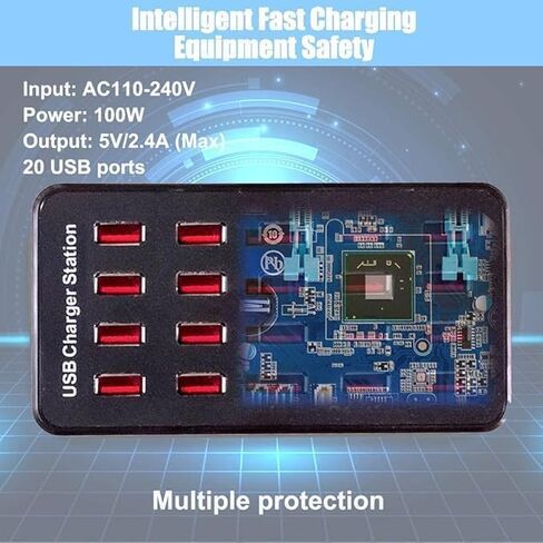 20-Port Black USB Charging Station,100W/20A Multi-Port USB Hub, Suitable for Smartphones, Tablets, and Other USB Devices. in Kuwait