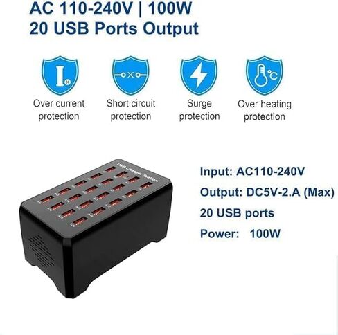 20-Port Black USB Charging Station,100W/20A Multi-Port USB Hub, Suitable for Smartphones, Tablets, and Other USB Devices. in Kuwait