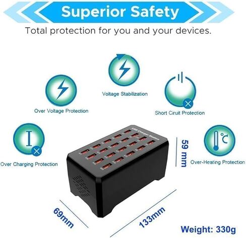 20-Port Black USB Charging Station,100W/20A Multi-Port USB Hub, Suitable for Smartphones, Tablets, and Other USB Devices. in Kuwait