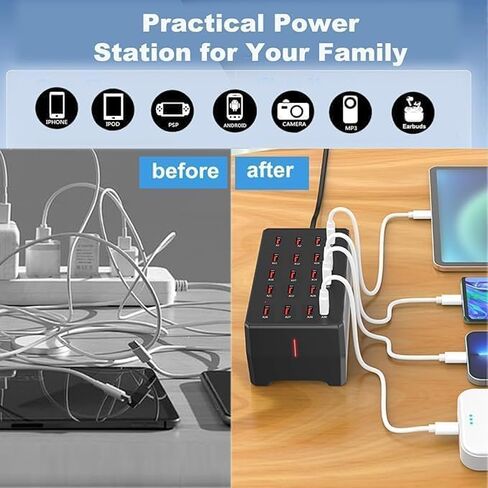 20-Port Black USB Charging Station,100W/20A Multi-Port USB Hub, Suitable for Smartphones, Tablets, and Other USB Devices. in Kuwait