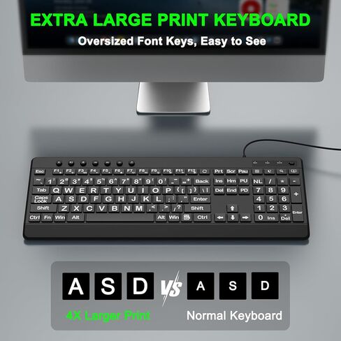 EDJO Large Print Ergonomic Keyboard, Full Size Keyboard with Wrist Rest, Silent Wired USB Computer Keyboards with Oversized Letter Keys Easy to See and Type for Laptop, PC, Windows, Desktop in Kuwait