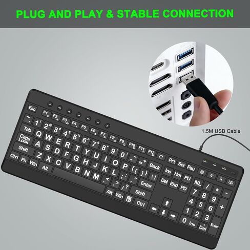 EDJO Large Print Ergonomic Keyboard, Full Size Keyboard with Wrist Rest, Silent Wired USB Computer Keyboards with Oversized Letter Keys Easy to See and Type for Laptop, PC, Windows, Desktop in Kuwait