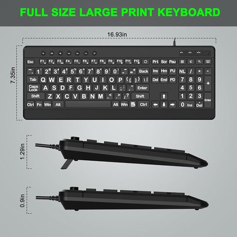 EDJO Large Print Ergonomic Keyboard, Full Size Keyboard with Wrist Rest, Silent Wired USB Computer Keyboards with Oversized Letter Keys Easy to See and Type for Laptop, PC, Windows, Desktop in Kuwait