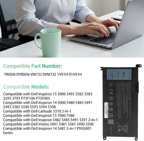 42Wh YRDD6 1VX1H استبدال البطارية لديل انسبايرون 14 15 3000 5000 3493 3582 5480 5485 5491 5493 5585 5590 5593 5594 5698 P93G001 7586 Vostro 3491 VM732 0VM732 1VX1H 01VX1H in Kuwait