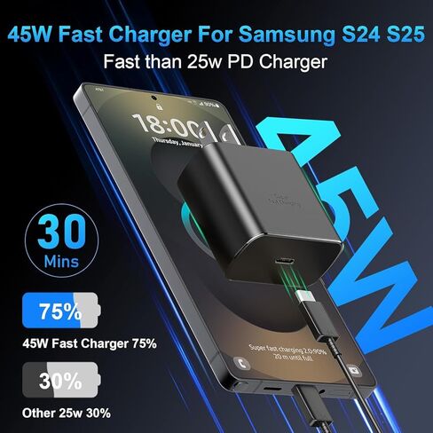 شاحن سامسونج سريع USB C 45W شاحن هاتف من النوع C مع سلك كابل شحن سريع Android بطول 6 أقدام لهاتف Samsung Galaxy S26 Ultra/S26/S26+/S25 Ultra/S25/S24/S23 Ultra/S22 Ultra/S20 Ultra/Note 10 Plus in Kuwait