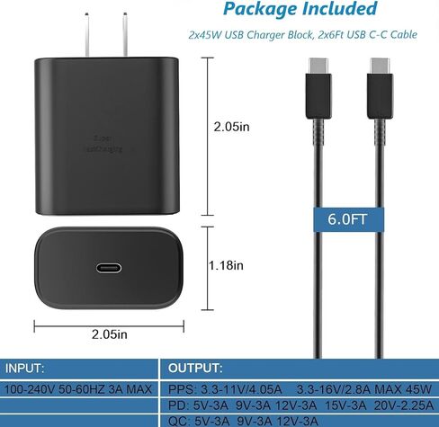شاحن سامسونج سريع USB C 45W شاحن هاتف من النوع C مع سلك كابل شحن سريع Android بطول 6 أقدام لهاتف Samsung Galaxy S26 Ultra/S26/S26+/S25 Ultra/S25/S24/S23 Ultra/S22 Ultra/S20 Ultra/Note 10 Plus in Kuwait