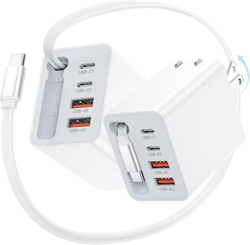 5-in-1 Retractable Wall Charger,2Pack 5-Port Retractable USB C Charger Block with Type C Cord,40W Retractable Phone Charger Wall Plug,Fast Charging Foldable Brick for iPhone 17/16/15 Pro Max,Galaxy in Kuwait