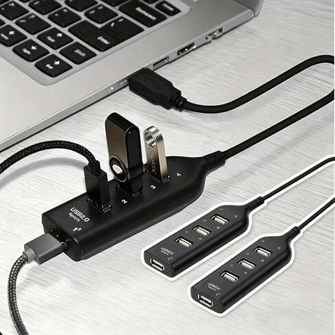 2pcs Multi Port Hub with 4 USB, USB2.0 Port Hub, Suitable for Family, Travel and Office Use, 1.3ft, Black in Kuwait