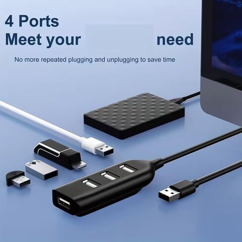 2pcs Multi Port Hub with 4 USB, USB2.0 Port Hub, Suitable for Family, Travel and Office Use, 1.3ft, Black in Kuwait