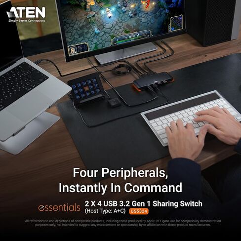 ATEN Essentials US5324 2 x 4 USB 3.2 Gen 1 Sharing Switch، مشاركة 4 أجهزة USB طرفية بين أجهزة الكمبيوتر USB-A وUSB-C، 5 جيجابت في الثانية، مفتاح سريع، مدمج، محدد المنافذ عن بعد، Windows، macOS، MacBook، الكمبيوتر الشخصي in Kuwait