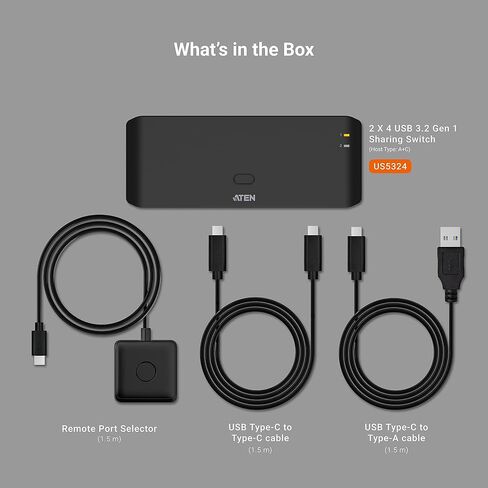 ATEN Essentials US5324 2 x 4 USB 3.2 Gen 1 Sharing Switch، مشاركة 4 أجهزة USB طرفية بين أجهزة الكمبيوتر USB-A وUSB-C، 5 جيجابت في الثانية، مفتاح سريع، مدمج، محدد المنافذ عن بعد، Windows، macOS، MacBook، الكمبيوتر الشخصي in Kuwait