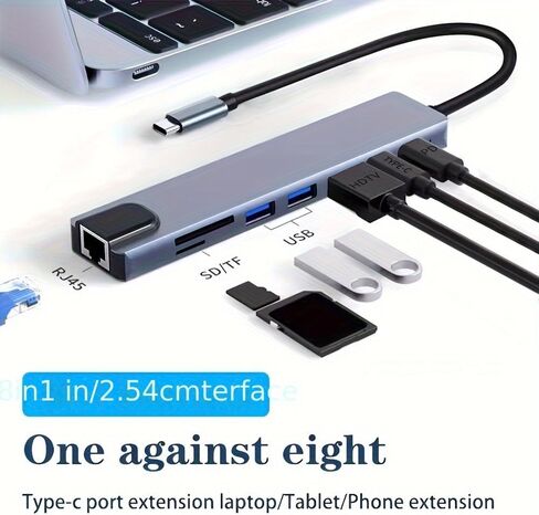 موزع USB C 8 في 1 من النوع C مع قاعدة توصيل Thunderbolt 3 بدقة 4K لجهاز MacBook Air M1 وIpad Pro، يتميز بتوافق RJ45 وHDTV (8 في 1) in Kuwait