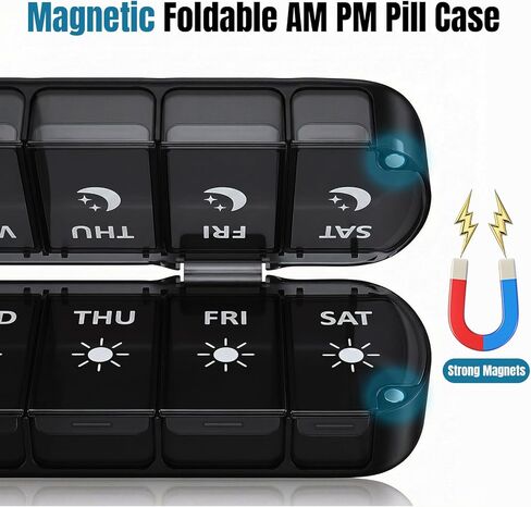 Weekly Pill Organizer 2 Times a Day, Magnetic Foldable AM PM Pill Box with Dual Protection, Large Travel Medication Case for Vitamins, Fish Oils, Supplements (Rainbow Color) in Saudi Arabia