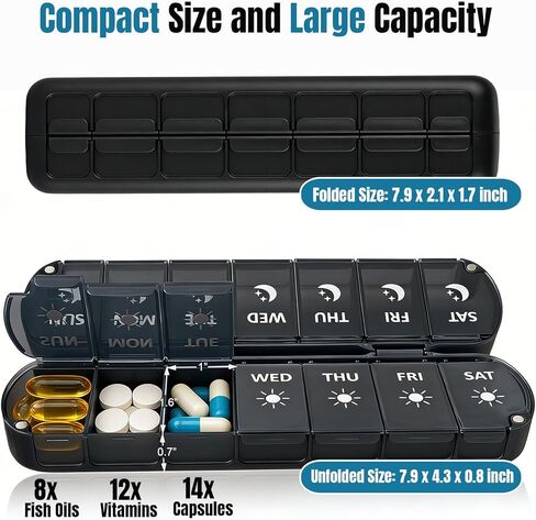 Weekly Pill Organizer 2 Times a Day, Magnetic Foldable AM PM Pill Box with Dual Protection, Large Travel Medication Case for Vitamins, Fish Oils, Supplements (Rainbow Color) in Saudi Arabia