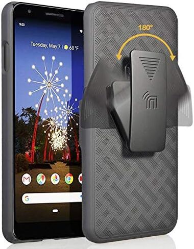 حافظة مزودة بمشبك لهاتف Google Pixel 3a، هاتف Nakedcellphone [مداس أسود] غطاء مسند مع [دوار/سقاطة] مجموعة حافظة للحزام لهاتف Google Pixel 3a (2019) in Kuwait