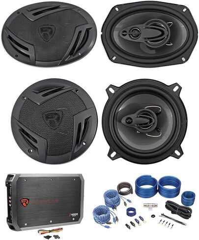 Rockville RV69.4A Bundle: Pair 6x9 in 1000W/220W RMS 4-Way Car Speakers, Pair RV5.3A 5.25 in 600W/100W RMS 3-Way Car Speakers, RXA-F1 1600W Peak 4 Channel Amplifier, RWK42 4 Gauge Amp Kit, 6-Items in Kuwait
