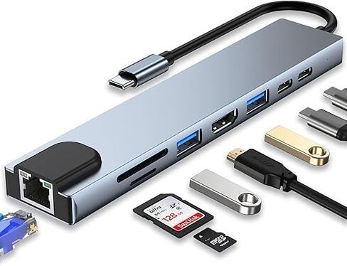محور USB C، محول USB C 8 في 1 مع HDMI 4K، 100 وات PD، منفذ USB C، USB 3.0، RJ45 Ethernet، قارئ بطاقة SD/TF، ​​محطة إرساء متوافقة مع أجهزة الكمبيوتر المحمولة MacBook Pro/Air USB C وأجهزة أخرى من النوع C in Kuwait