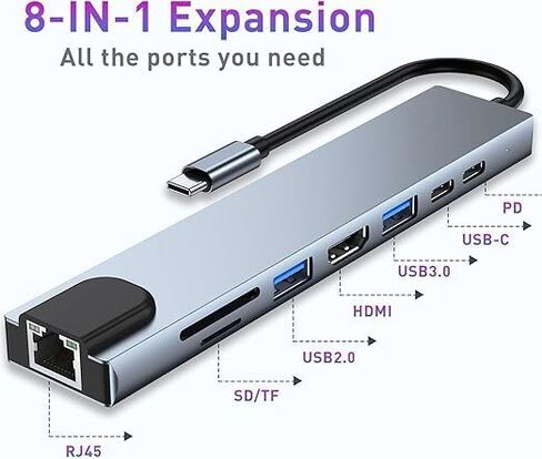 محور USB C، محول USB C 8 في 1 مع HDMI 4K، 100 وات PD، منفذ USB C، USB 3.0، RJ45 Ethernet، قارئ بطاقة SD/TF، ​​محطة إرساء متوافقة مع أجهزة الكمبيوتر المحمولة MacBook Pro/Air USB C وأجهزة أخرى من النوع C in Kuwait