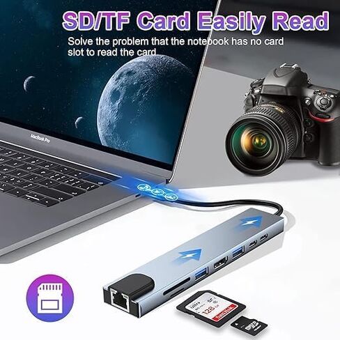 محور USB C، محول USB C 8 في 1 مع HDMI 4K، 100 وات PD، منفذ USB C، USB 3.0، RJ45 Ethernet، قارئ بطاقة SD/TF، ​​محطة إرساء متوافقة مع أجهزة الكمبيوتر المحمولة MacBook Pro/Air USB C وأجهزة أخرى من النوع C in Kuwait