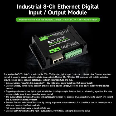وحدة الإدخال/الإخراج الرقمية لشبكة إيثرنت ذات 8 قنوات من Waveshare، وبروتوكولات Modbus RTU/TCP، وتدعم مصدر طاقة PoE، مع دوائر عزل وحماية مختلفة in Kuwait