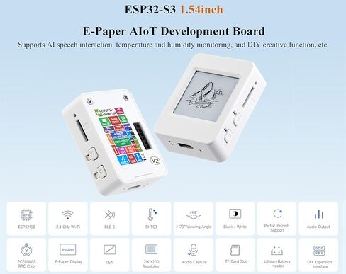 ESP32-S3 1.54inch e-Paper AIoT Development Board, Supports AI Speech Interaction, Temperature and Humidity Monitoring, DIY, etc. 200 x 200, Black/White, Wi-Fi and BLE Dual-Mode Communication in Kuwait