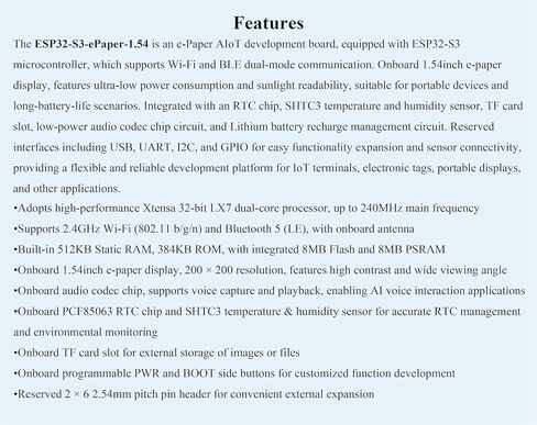 ESP32-S3 1.54inch e-Paper AIoT Development Board, Supports AI Speech Interaction, Temperature and Humidity Monitoring, DIY, etc. 200 x 200, Black/White, Wi-Fi and BLE Dual-Mode Communication in Kuwait