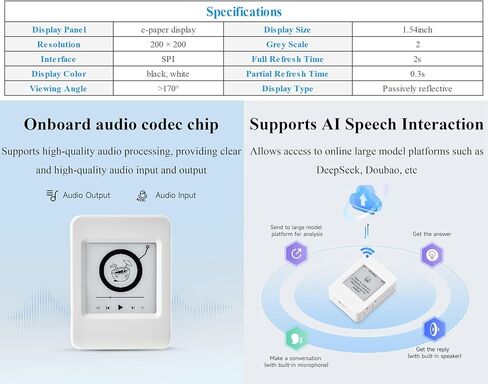 ESP32-S3 1.54inch e-Paper AIoT Development Board, Supports AI Speech Interaction, Temperature and Humidity Monitoring, DIY, etc. 200 x 200, Black/White, Wi-Fi and BLE Dual-Mode Communication in Kuwait