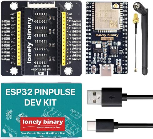 مجموعة الإصدار الذهبي Lonely Binary ESP32 IPEX مع هوائي خارجي ودرع PinPulse - نطاق WiFi/Bluetooth ممتد، مصابيح GPIO مرئية - متوافقة مع Arduino IDE، MicroPython، ESP-IDF in Kuwait