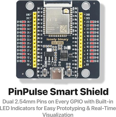 مجموعة الإصدار الذهبي Lonely Binary ESP32 IPEX مع هوائي خارجي ودرع PinPulse - نطاق WiFi/Bluetooth ممتد، مصابيح GPIO مرئية - متوافقة مع Arduino IDE، MicroPython، ESP-IDF in Kuwait