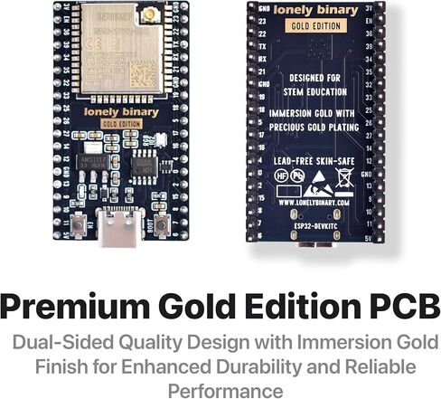 مجموعة الإصدار الذهبي Lonely Binary ESP32 IPEX مع هوائي خارجي ودرع PinPulse - نطاق WiFi/Bluetooth ممتد، مصابيح GPIO مرئية - متوافقة مع Arduino IDE، MicroPython، ESP-IDF in Kuwait