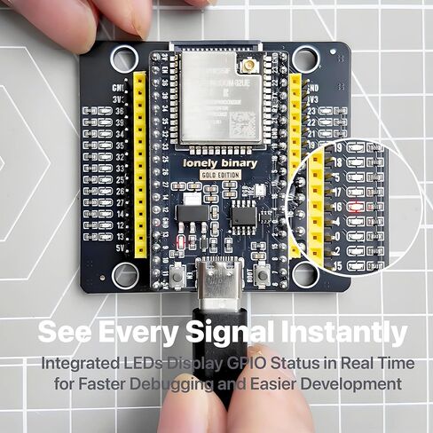 مجموعة الإصدار الذهبي Lonely Binary ESP32 IPEX مع هوائي خارجي ودرع PinPulse - نطاق WiFi/Bluetooth ممتد، مصابيح GPIO مرئية - متوافقة مع Arduino IDE، MicroPython، ESP-IDF in Kuwait