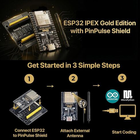 مجموعة الإصدار الذهبي Lonely Binary ESP32 IPEX مع هوائي خارجي ودرع PinPulse - نطاق WiFi/Bluetooth ممتد، مصابيح GPIO مرئية - متوافقة مع Arduino IDE، MicroPython، ESP-IDF in Kuwait
