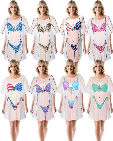 Jeyiour 8 Pcs Women's Bikini Cover up Dress Short Sleeve Bikini Shirt Bikini Print Funny Nightgown Baggy Swimwear Cover Up in Kuwait
