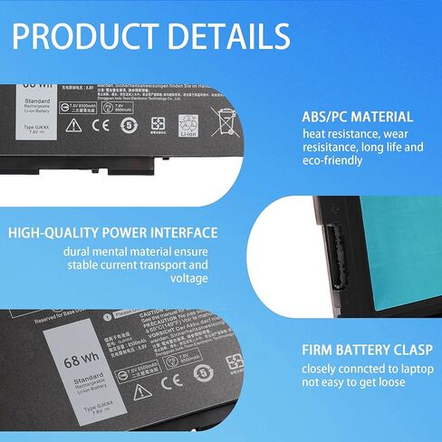 بطارية كمبيوتر محمول GJKNX لأجهزة Dell Latitude 5280 5288 5480 5488 5490 5491 5495 5580 5590 5591 & Precision 15 3520 3530 متوافقة مع GD1JP 0GD1JP DY9NT 0DY9NT 5YHR4 451-BBZG KCM82 0KCM82 68 واط ساعي 7.6 فولت in Kuwait