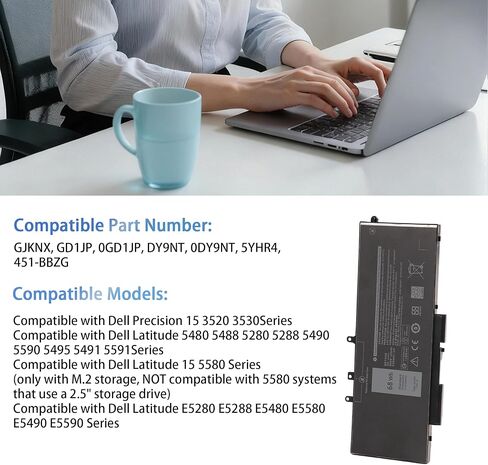 بطارية كمبيوتر محمول GJKNX لأجهزة Dell Latitude 5280 5288 5480 5488 5490 5491 5495 5580 5590 5591 & Precision 15 3520 3530 متوافقة مع GD1JP 0GD1JP DY9NT 0DY9NT 5YHR4 451-BBZG KCM82 0KCM82 68 واط ساعي 7.6 فولت in Kuwait