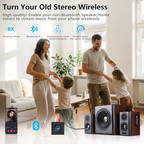 1Mii Bluetooth Receiver for Home Stereo, Wireless AUX & RCA Adapter, Dual Device Pairing, 12H Playtime, Bass Boost, Bluetooth 5.1 Audio Adapter for Home & Car in Kuwait