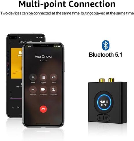 1Mii Bluetooth Receiver for Home Stereo, Wireless AUX & RCA Adapter, Dual Device Pairing, 12H Playtime, Bass Boost, Bluetooth 5.1 Audio Adapter for Home & Car in Kuwait