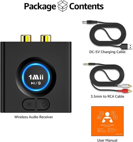 1Mii Bluetooth Receiver for Home Stereo, Wireless AUX & RCA Adapter, Dual Device Pairing, 12H Playtime, Bass Boost, Bluetooth 5.1 Audio Adapter for Home & Car in Kuwait